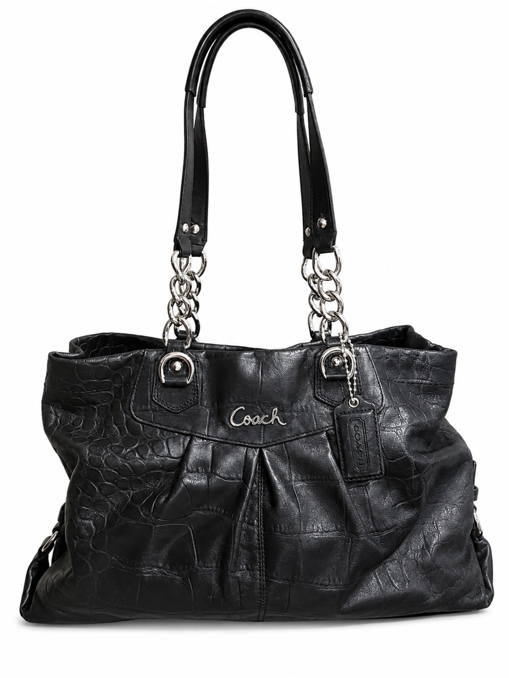Coach Ashley Croc-Embossed Leather Carryall Satchel Shoulder Bag Black F17661
